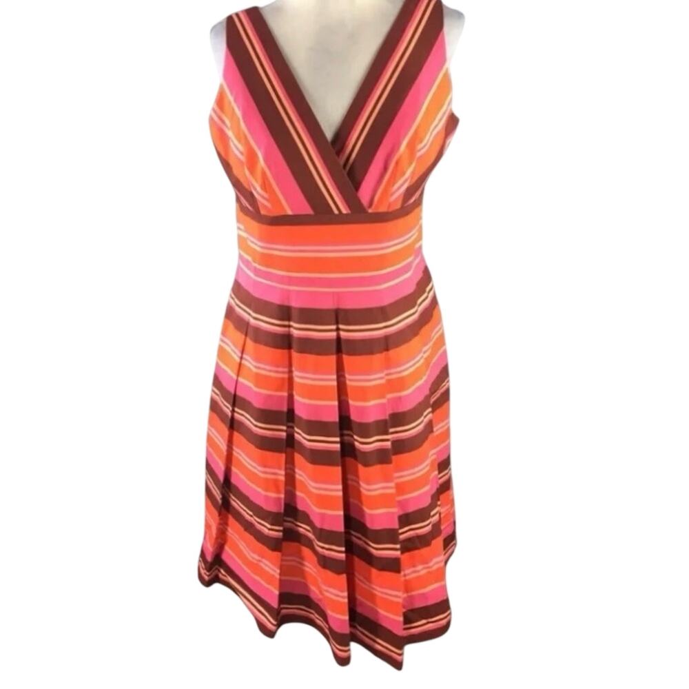 Talbots Pleated Striped Cotton Dress 14 Petite 14P Pink Orange Maroon Surplice